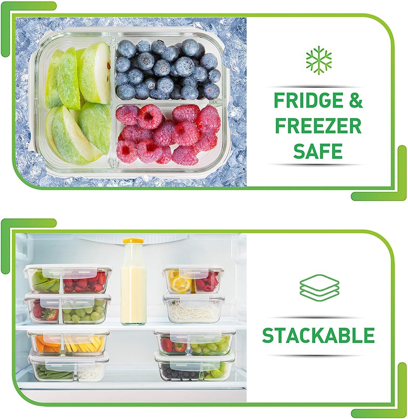 PrepNaturals 3 Pack 34 Oz Glass Meal Prep Containers - Dishwasher Microwave Freezer Oven Safe - Glass Storage Containers with Lids (Multi-Compartment)