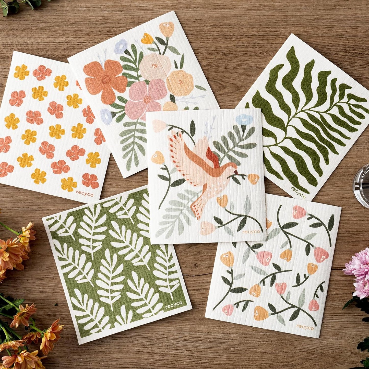 RECYCO Swedish Dishcloths for Kitchen | 6 Pack Birdsong and Blooms Washable Dish Rags | Cellulose Reusable Cleaning Paper Towels | Absorbent Counter Dish Cloth Sponge Kitchen Wipes, 8" L x 7" W