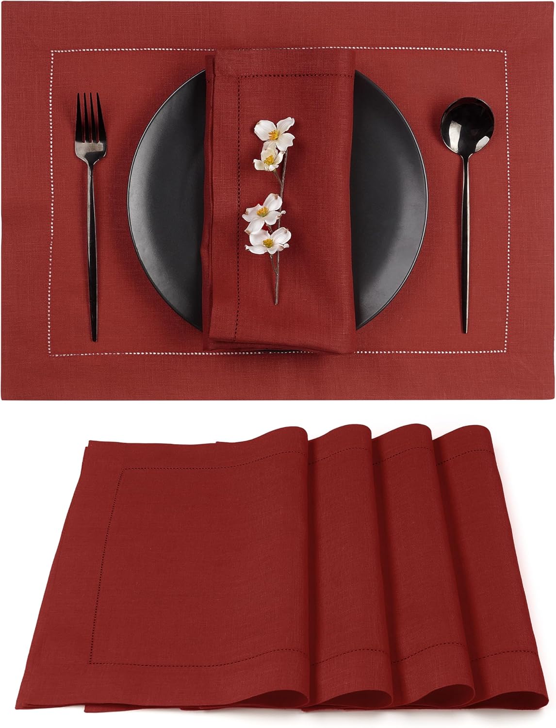 D'Moksha Homes Red Linen Placemats Set of 4 - Classic Hemstitch Placemats 14 x 19 Inch - 100% Pure Linen Table Mats for Fall, Autumn and Halloween - Handcrafted and Machine Washable