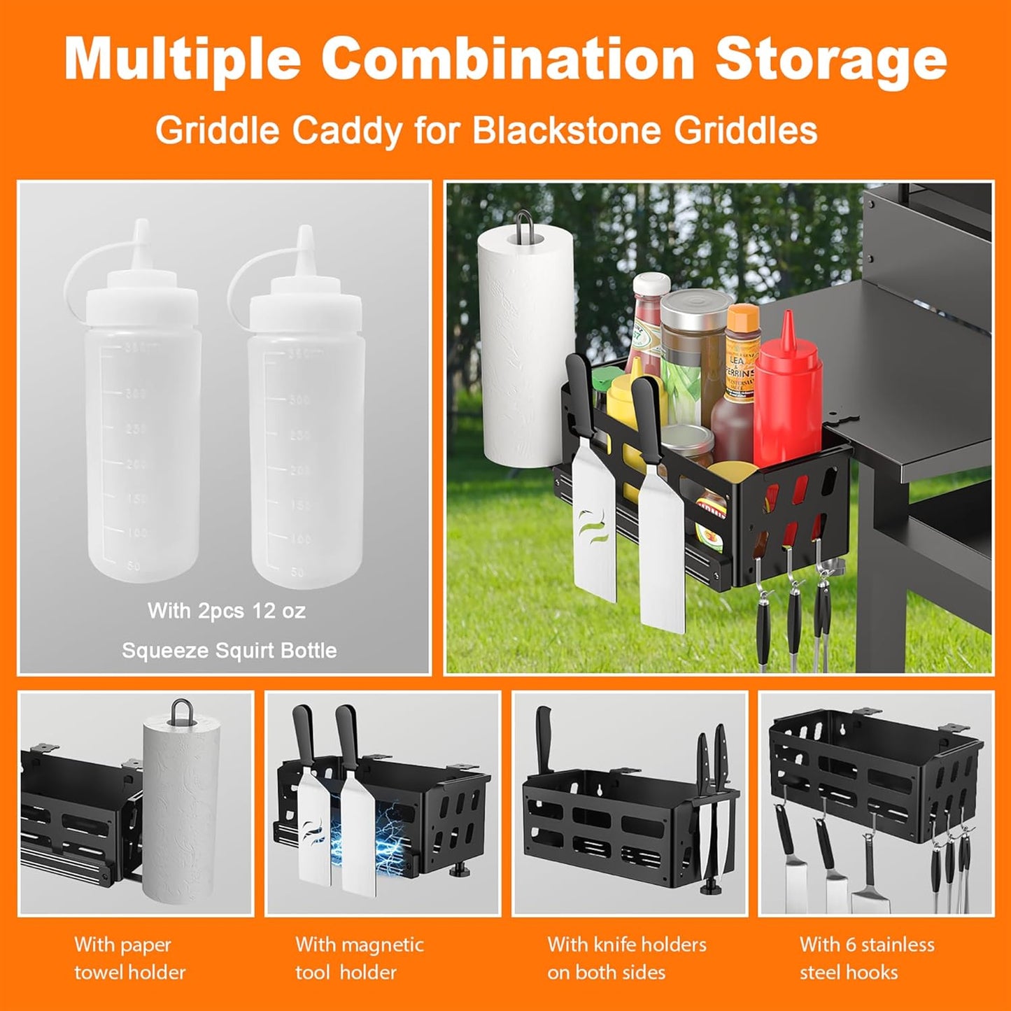 Griddle Caddy for Blackstone Griddles 28"/36"/Prep Cart, Blackstone Caddy with Squeeze Bottle, Blackstone Griddle Accessories Space Saver, BBQ Grill Storage Organizer with Magnetic Tool Holder