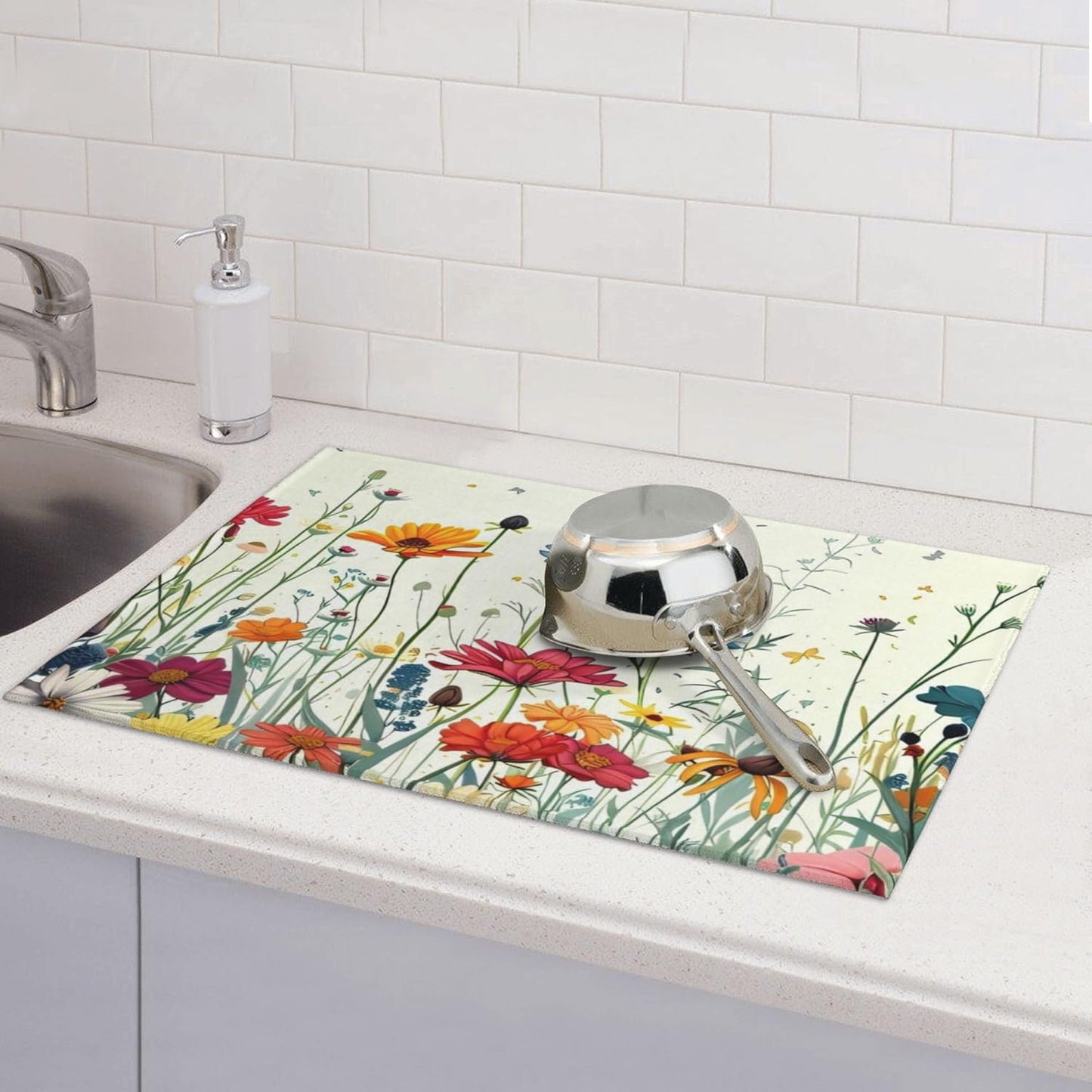 Butterfly Flowers Dish Drying Mat 18x24 Inch, Microfiber Absorbent Fast Dry Mat Daisy Floral Large Dish Mat Drying Kitchen Mat, Kitchen Drying Pad for Kitchen Counter Coffee Bar Decor Gifts
