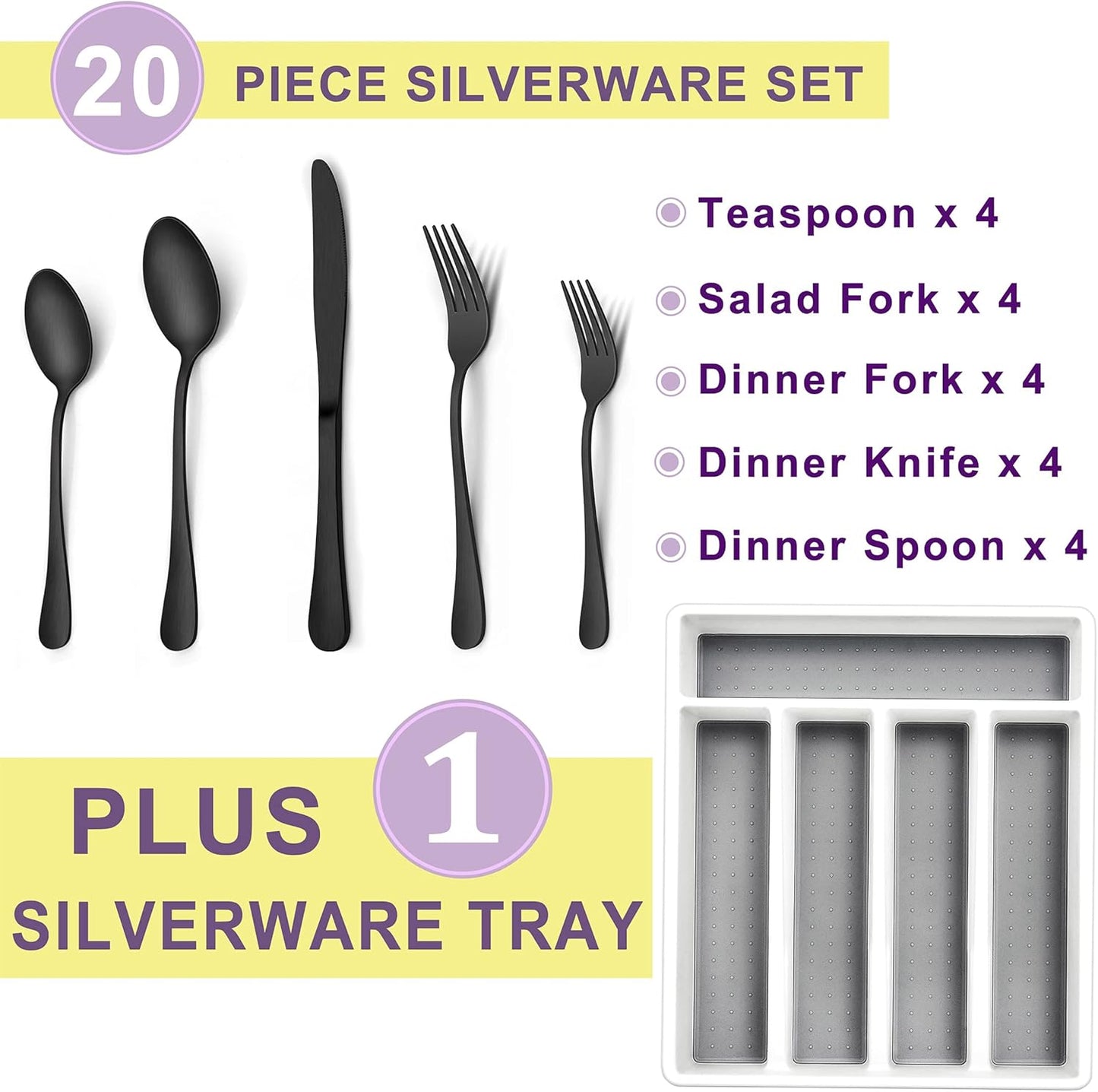 Herogo 20-Piece Matte Black Silverware Set with Drawer Organizer, Stainless Steel Flatware Cutlery Set for 4, Modern Tableware Eating Utensils with Tray, Dishwasher Safe, Satin Finish