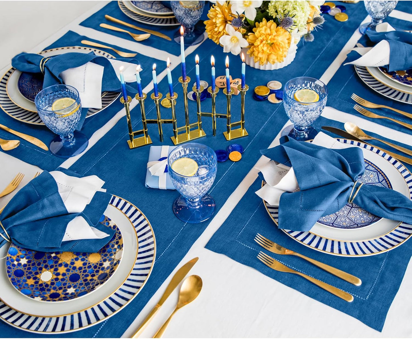 Solino Home Linen Indigo Blue Table Runner 144 Inches Long - 100% Pure Linen Extra Long Table Runner 14 x 144 Inch for Fall, Autumn - Classic Hemstitch