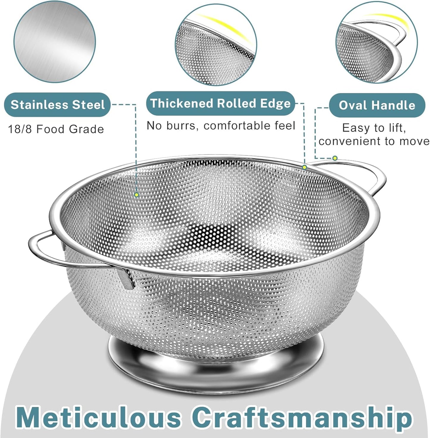 Pleafind 18/8 Stainless Steel Colander for Kitchen - 5 qt and 3 qt, Micro-Perforated Metal Colander Strainer with Handle, Solid Base Pasta Strainer, Rust-Resistant & Dishwasher Safe