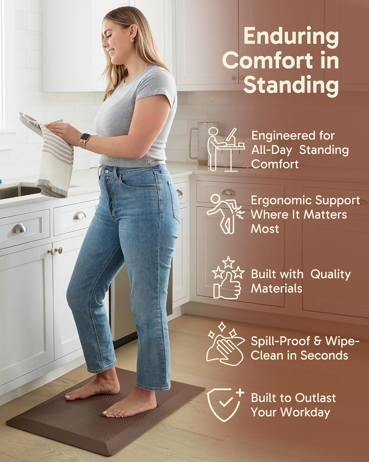 Ophanie Kitchen Mats for Floor, 3/4 Inch Thick Kitchen Rugs, 20'' x 60'' Anti Fatigue Standing Cushioned Mat, Waterproof,Comfort Ergonomic Mat for Office, Home, Sink, Brown Non-Slip Bottom