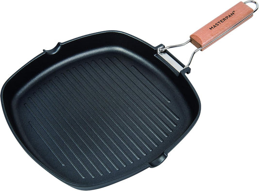 MasterPan Non-Stick Grill Pan with Folding Wooden Handle, 8", Black and Brown
