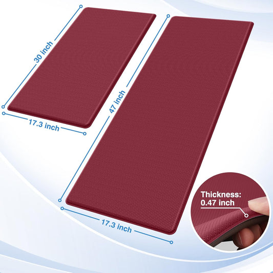 StepRite Kitchen Mats, 2PCS Kitchen Rugs, Cushioned Anti Fatigue Kitchen Mats for Floor, Non-Slip Standing Desk Mat, Waterproof Kitchen Rug Set for Kitchen, Floor, Office, 17.3"x30"+17.3"x47", Red