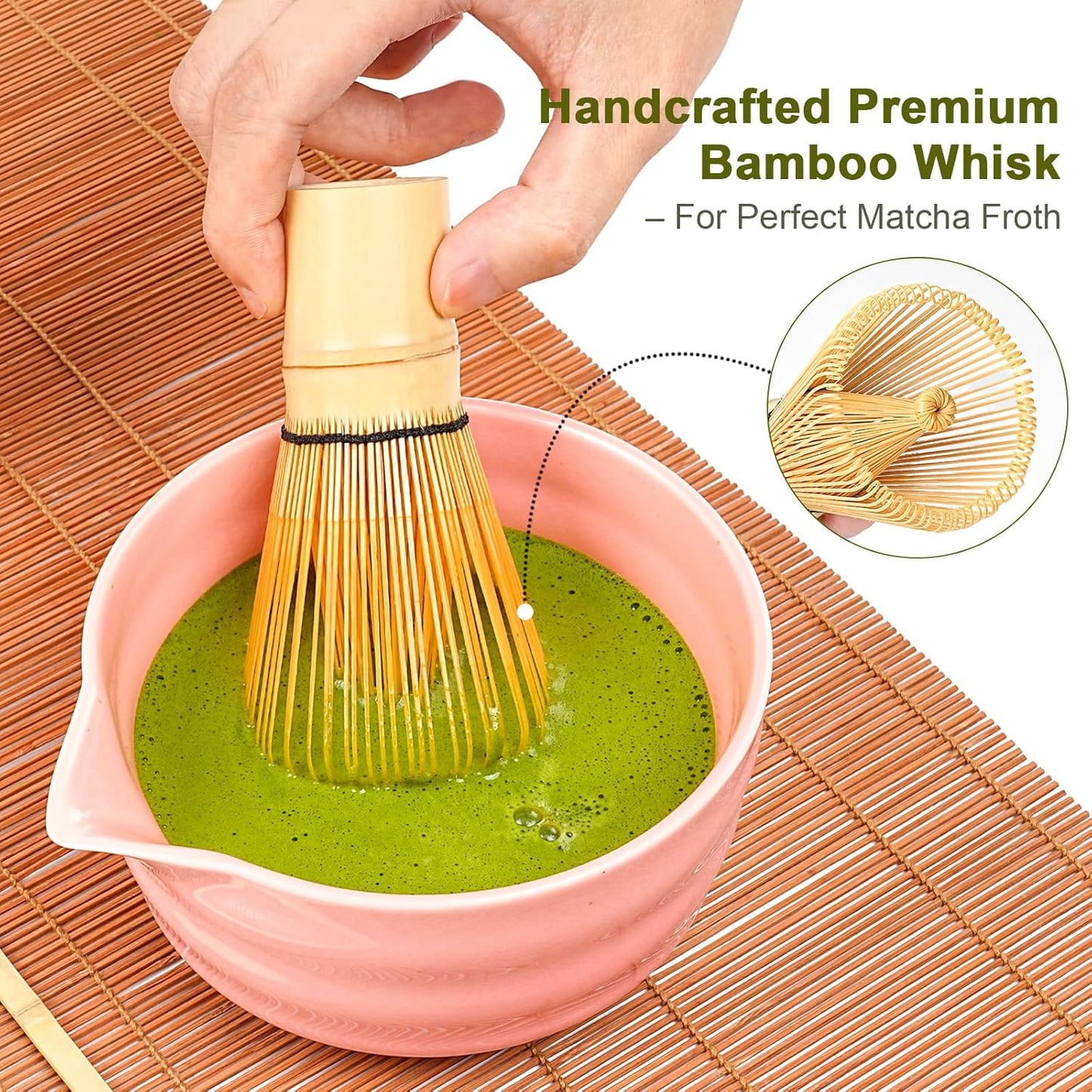 Matcha Set, 5 Pcs Matcha Whisk Set Includes Ceramic Matcha Bowl with Spout, Bamboo Matcha Whisk Chasen, Holder,Scoop,Sifter, Matcha Kit for Making Breakfast & Latte, Gift for beginners(Pink)