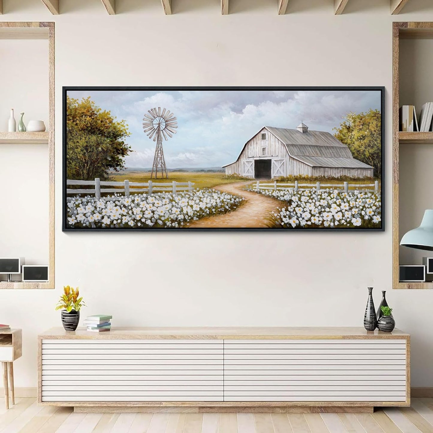 YCPRIMER Extra Large Farmhouse Wall Art Vintage Classical Painting Rustic Countryside Wildflower Field Nature Meadow Landscape Yellow Wall Decor Retro Windmill Barn Canvas Print Wilderness Artwork for Bedroom Living Room 70x31inchs