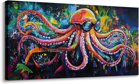 JEAWA Octopus Canvas Wall Art, Abstract Marine Life Modern Graffiti Texture Wall Painting for Living Room Bathroom Bedroom Men Teenage Boy Room Game Room Cool Posters Pictures Decor 20x40 IN