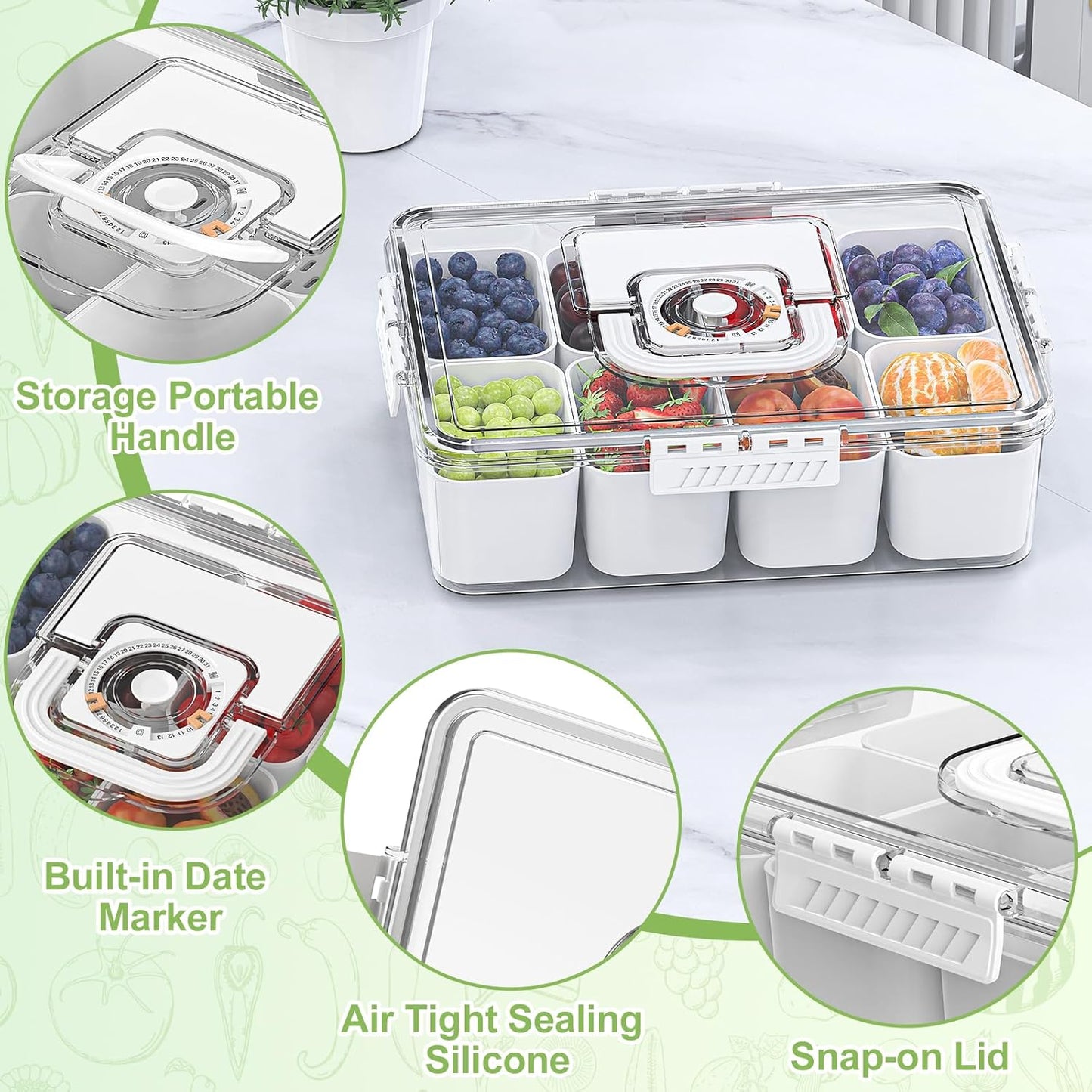 Chilled Snackle Box Container with Ice Pack, Charcoolerie Chilled Portable Serving Tray with Lid and Handle， 8 Compartment Snack Container for Charcuterie Snack Road Trip Picnic Keep Fresh