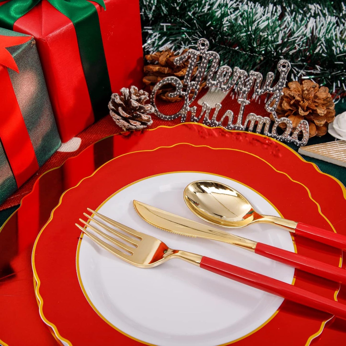 WDF 30Guest Red 4th of July Plates - Gold Plastic Silverware With Red Handle - Christmas Plates Disposable- Baroque Plastic Dinnerware for 4th of July