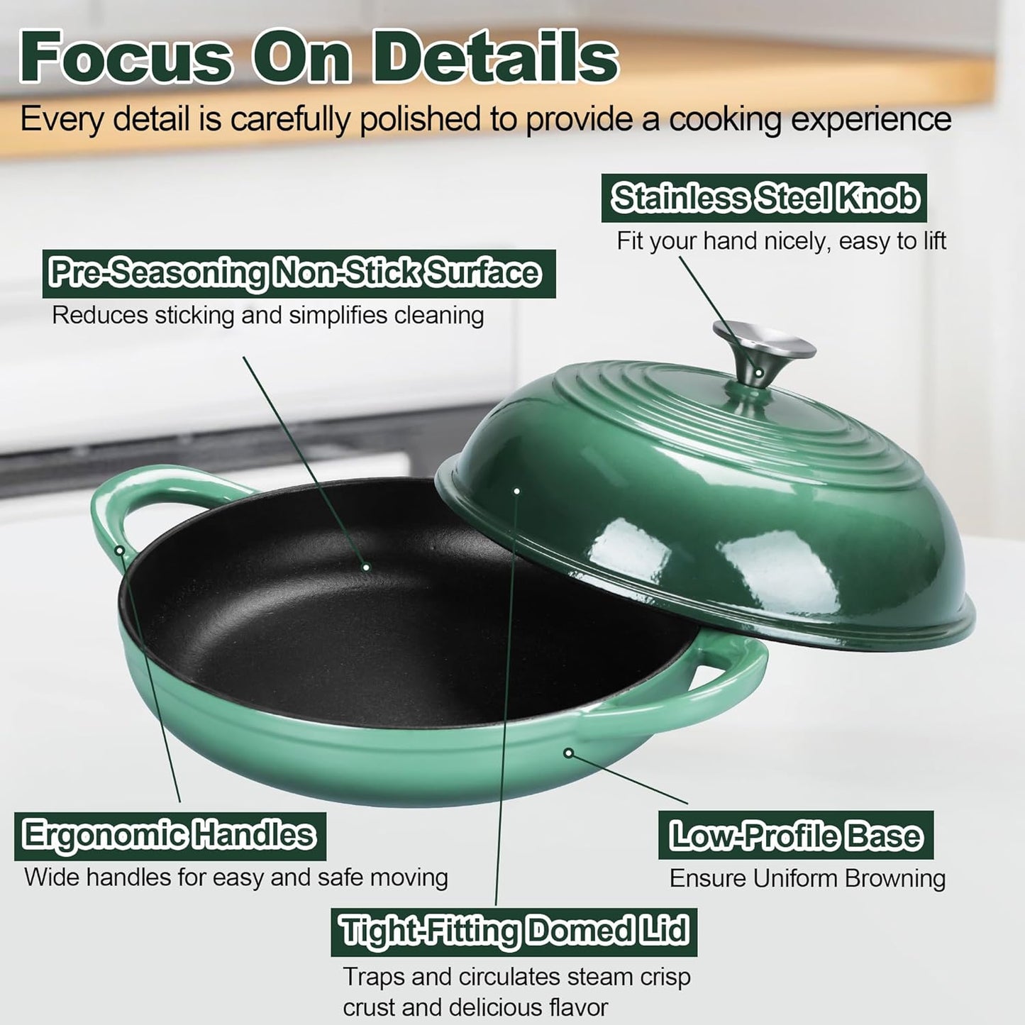 TeamFar Cast Iron Bread Dutch Oven, 6 Qt Enameled Dutch Oven Pot for Sourdough Bread Baking, with Tall Dome Lid & Round Base Pan, Self-Basting & Even-Heating, Heavy-Duty & Non-stick, Dark Green
