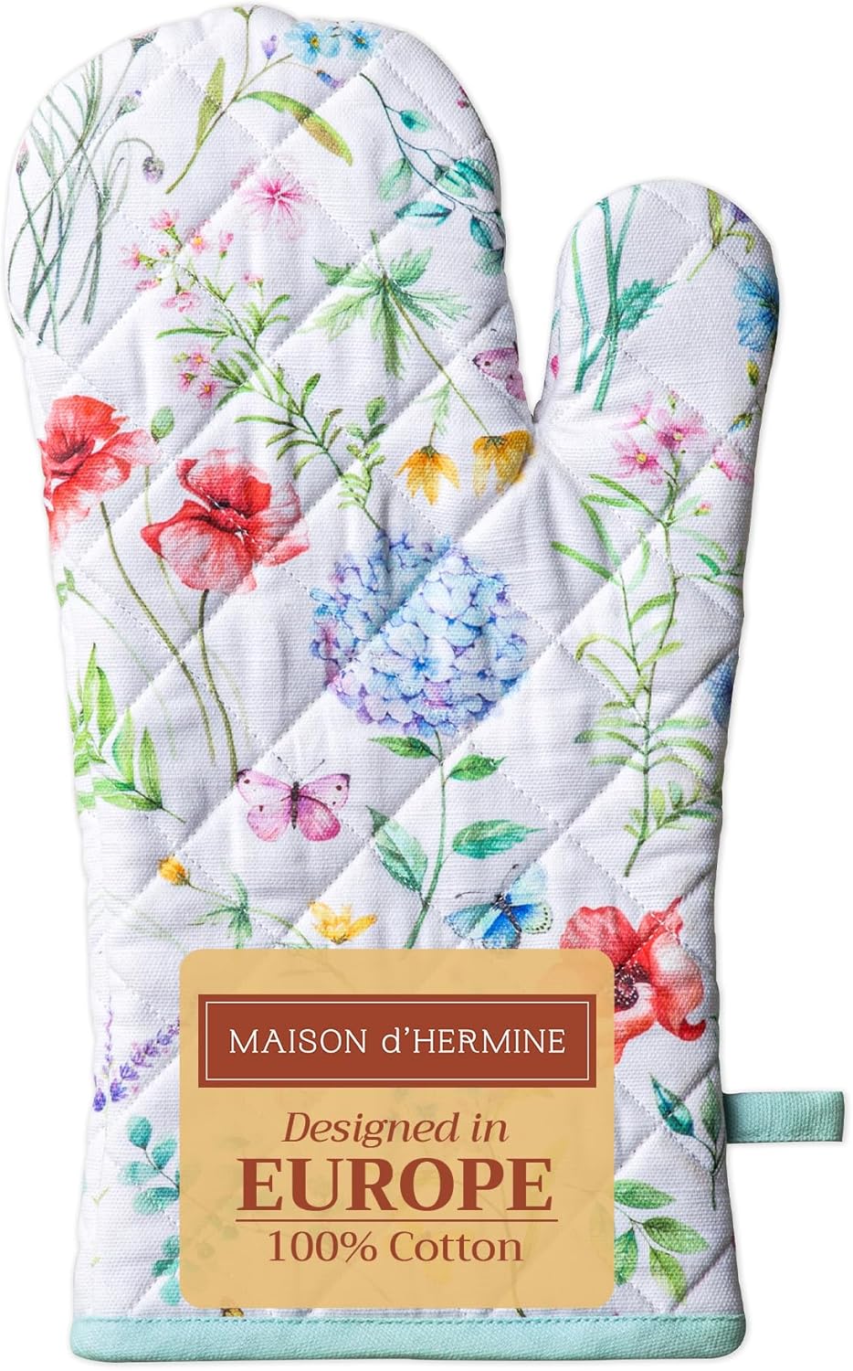 Maison d' Hermine Oven Gloves 100% Cotton Oven Mitt 7" x 13" with Loop Heat Resistant, BBQ, Cooking Gloves, Baking, Grilling, Kitchen, Handling Hot Pans Spring/Summer (Pack of 1, Just Floral)