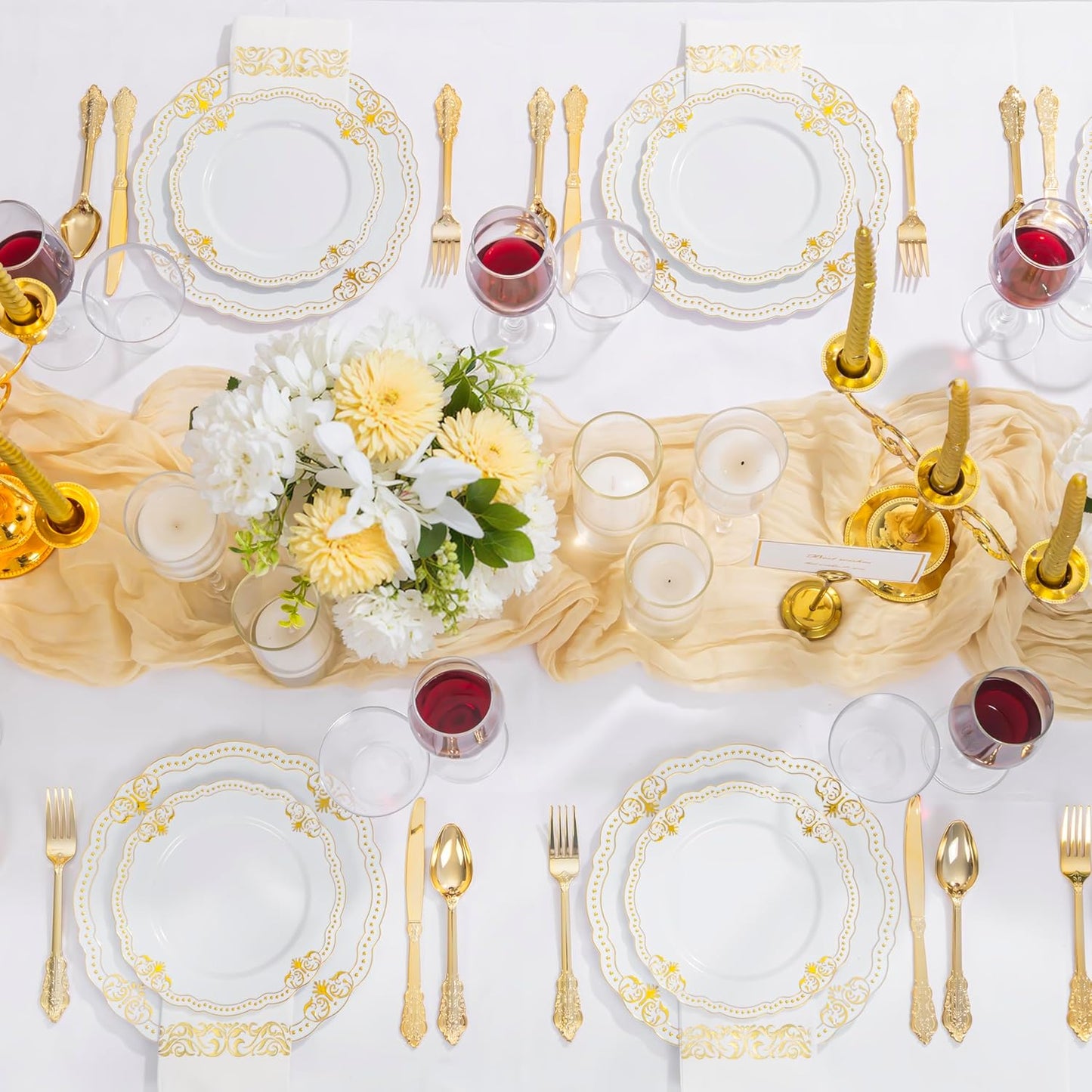 Ciaell 175 PCS White and Gold Plastic Plates - Fancy Gold Disposable Dinnerware Set with of 50 Plastic Plates, 25 Knives, 25 Forks, 25 Spoons, 25 Cups, 25 Napkins for Wedding, Party &Thanksgiving