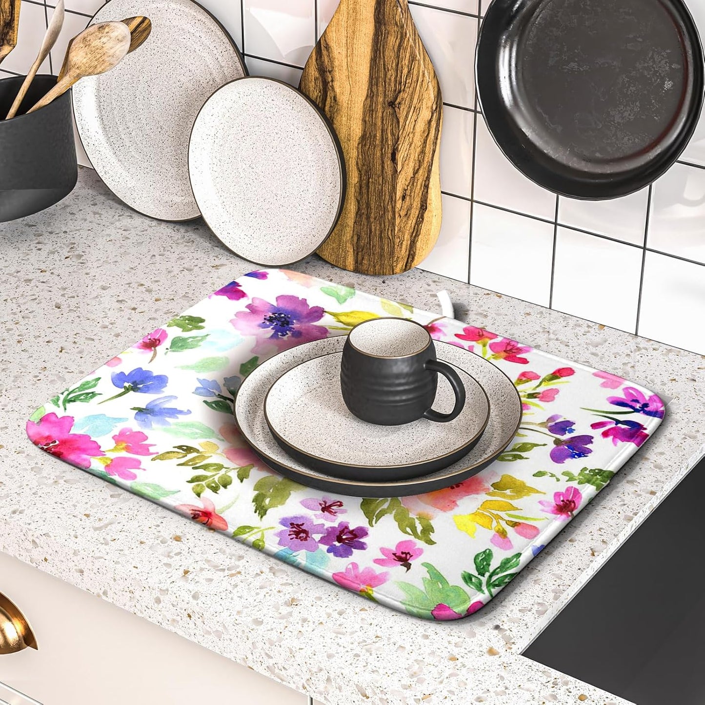 Floral Dish Drying Mats for Kitchen Counter 16×18 Inch Drying Mat for Dishes Microfiber Dish Rack Mat Kitchen Decor Watercolor Flowers Drainer Pad Washable Foldable Ultra Absorbent Dry Mat