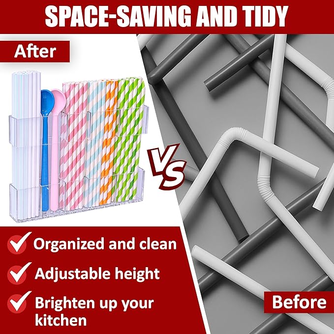 Acrylic Straw Holder for Cabinet Door or Countertop - Clear Organizer & Dispenser for Reusable Tumbler Straws, Space-Saving Kitchen Accessories, Cupboard or Pantry Storage, Strong Adhesive