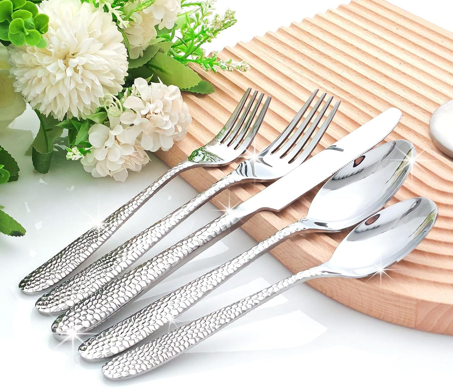 Hammered Silverware Set, CITESANA 40-Piece Heavy Duty Mirror Polished Stainless Steel Flatware Set Cutlery Set Flatware Service for 8