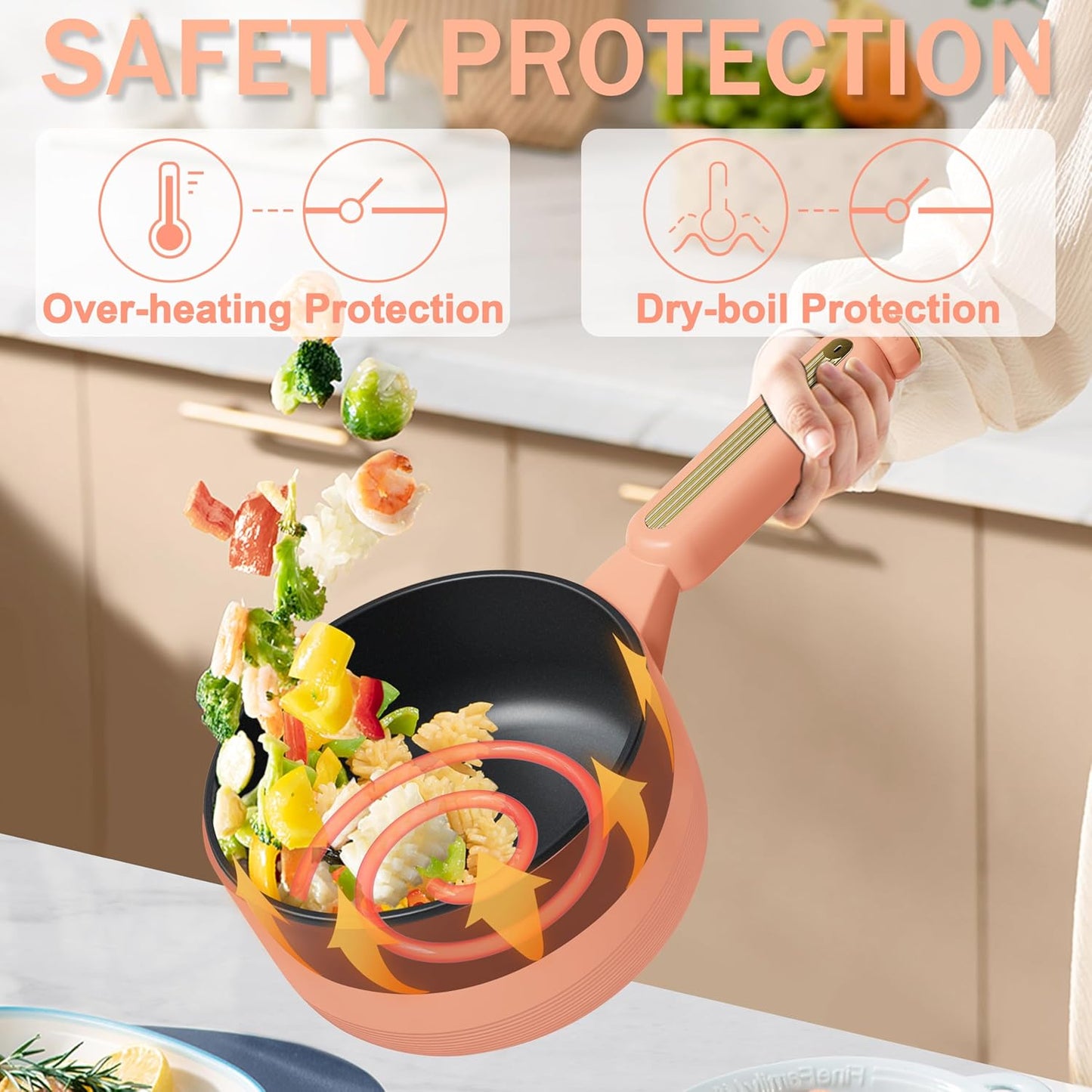 TOPWIT Hot Pot Electric, 𝟐𝐋 Electric Pot, Portable Non-Stick Portable Cooker, Sauté Pan for Steak, Egg, Fried Rice, Ramen, Soup with Dual Power Control (Silicone Spatula Included), Peach