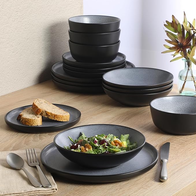 Gibson Elite Tribeca Loft 16-Piece Dinnerware Set – Matte Black and Blue Reactive Glaze Stoneware, Double Bowl Round Plates and Bowls – Modern Rustic Dinnerware for 4, Dishwasher & Microwave Safe