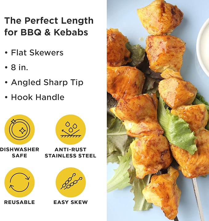 O-Yaki Flat Metal Kabob Skewer for Grilling – Set of 8 BBQ Skewers Stainless Steel with Storage Bag, Dishwasher Safe Skewers with Hook Handle & Sharp Tip for Outdoor BBQ, Cookouts & Oven Use – 8 Inch