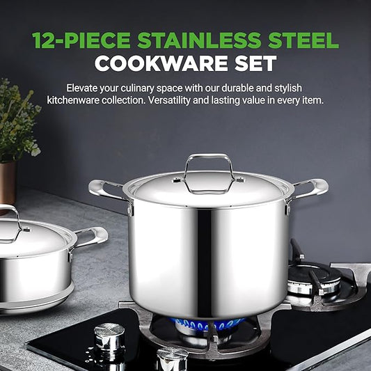 NutriChef 12-Piece Professional Stainless Steel Cookware Set – Tri-Ply Pots, Ceramic Non-Stick Fry Pans, Induction Compatible, Strong Riveted Handles, Dishwasher Safe
