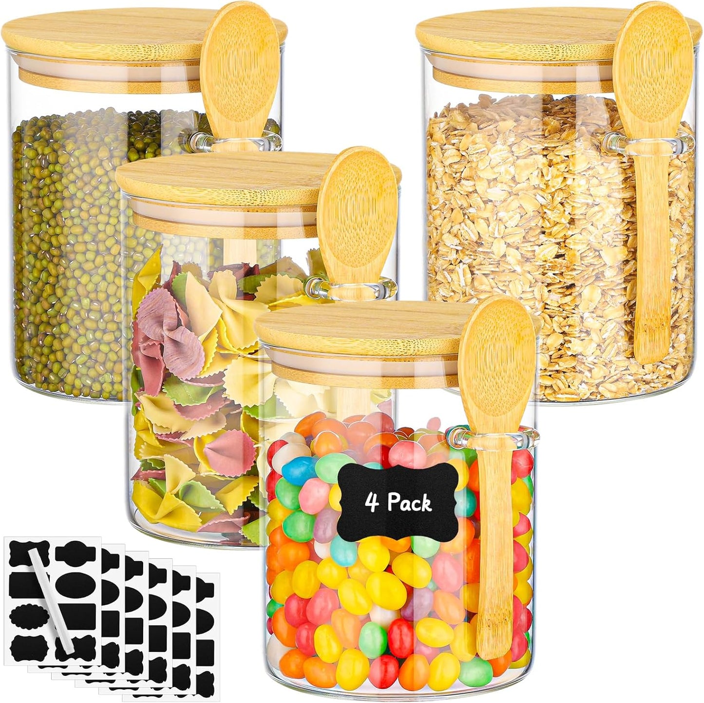 Glass Jars with Bamboo Lids and Spoon - 4 Pack 26 Fl.oz Round Glass Storage Jars with Airtight Lid, Includes Labels and Marker, Sugar Container Set for Coffee Bar, Tea Canister for Cereal, Bean