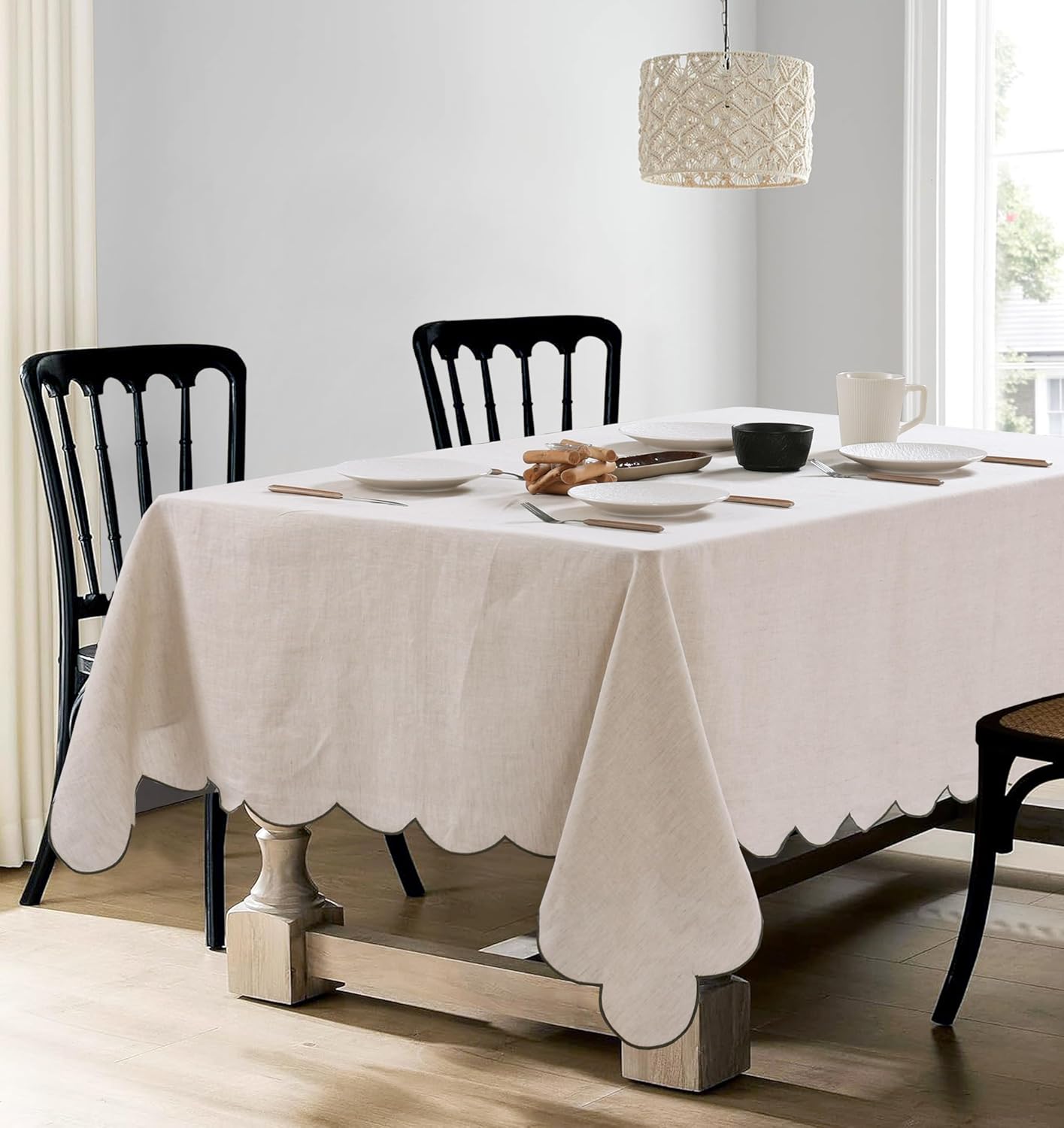 100% French Flax Linen Tablecloths Scalloped Embroidery Rectangle 84Lx60W Inch for Dinners, Parties, Spring, Machine Washable, 6-8 Sets, Linen(Edges-Green)