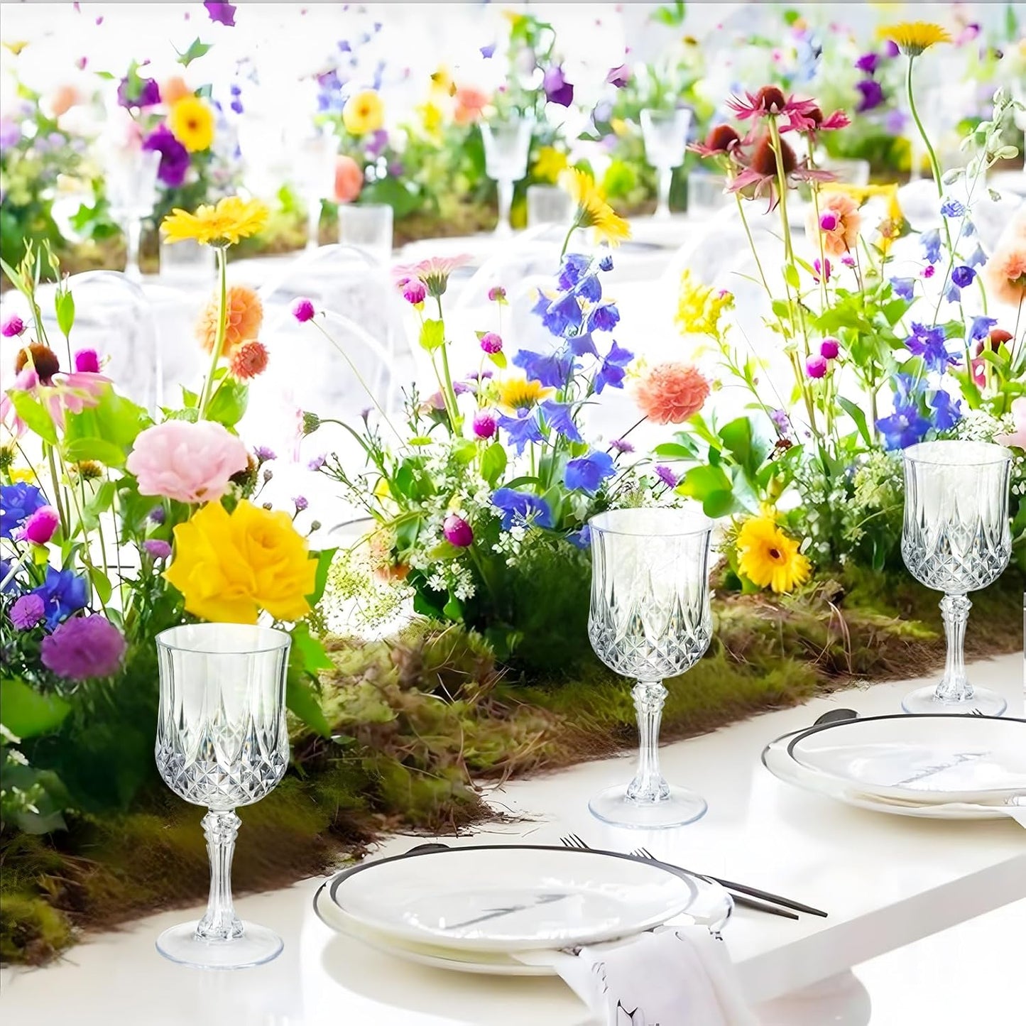 7OZ Plastic Wine Glasses, 10Pcs Clear Reusable Drinking Cups Vintage Champagne Flutes, Plastic Crystal Water Goblets for Parties Stemmed Shatterproof Drinking Glasses for Wedding, Toasting Party