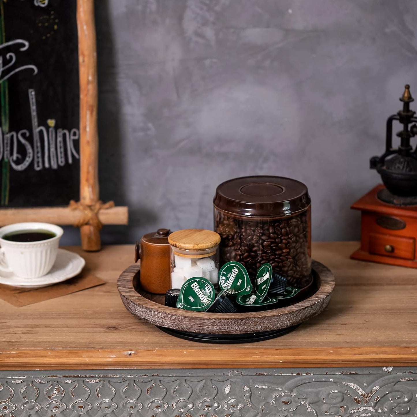 Turntable Rustic Wooden Serving Tray: Hanobe Round Wood Decorative Vintage Centerpiece Candle Holder Trays Farmhouse Ottoman Tray with Turn Table for Kitchen Countertop Coffee Table