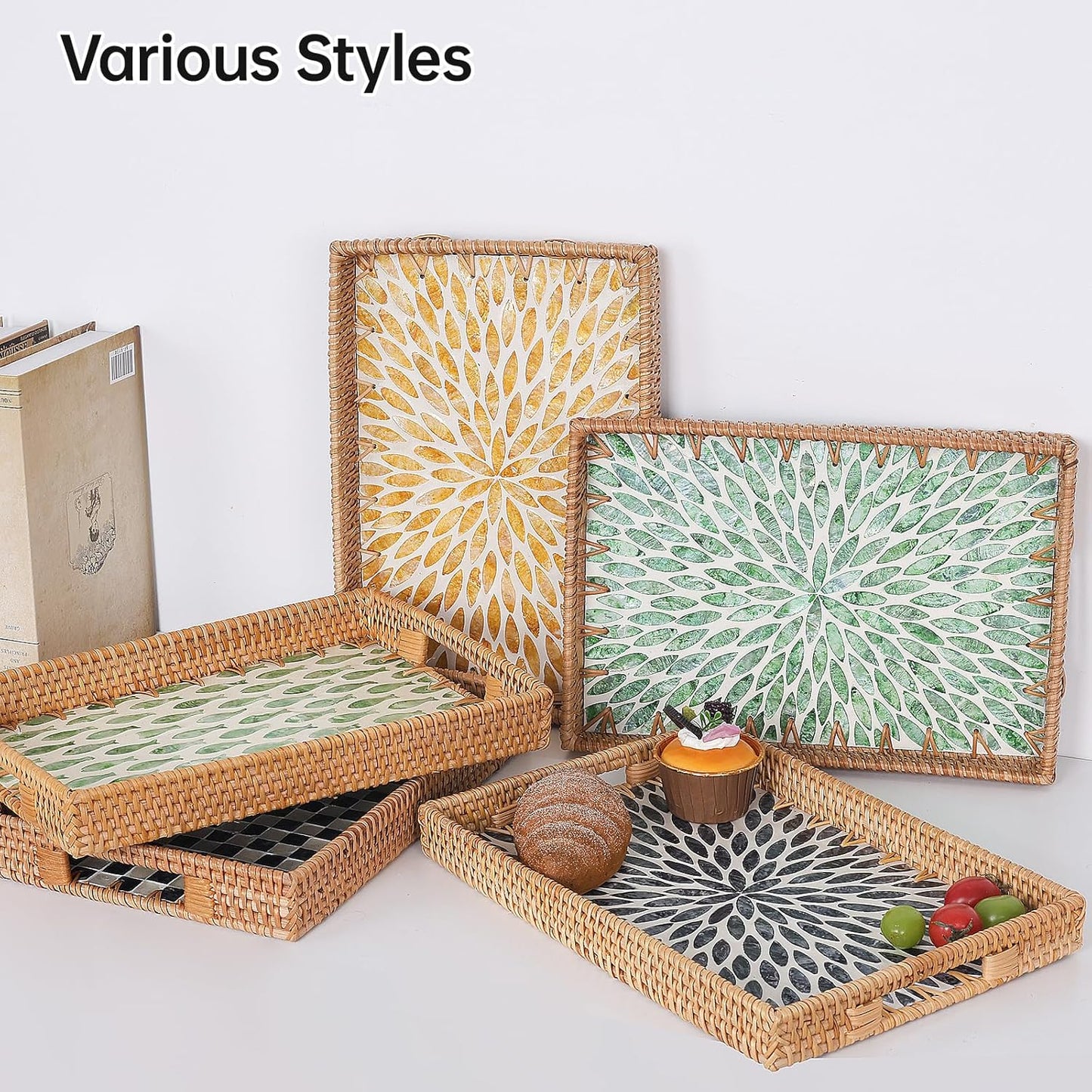 Rectangle Rattan Tray with Mother of Pearl Inlay, Rattan Serving Tray with Handle for Coffee, Bread, Fruits, Snacks, Decorative Wicker Tray for Table Decor (Rectangle Dark Blue Leaf, 13"×9")