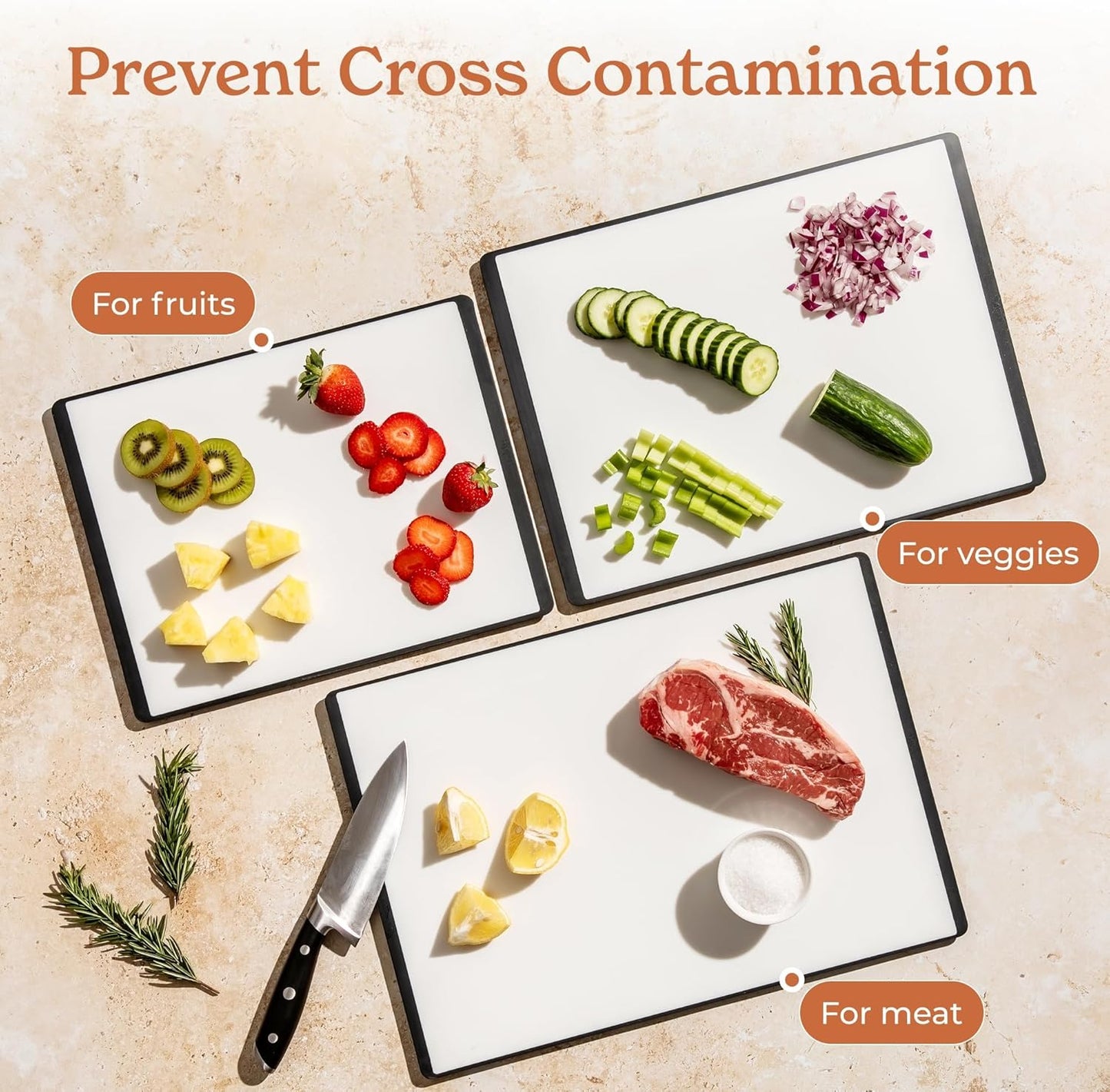 SMIRLY Plastic Cutting Board Set with Holder 4 Pieces, Non-Slip Dishwasher Safe Chopping Boards for Kitchen, Black & White