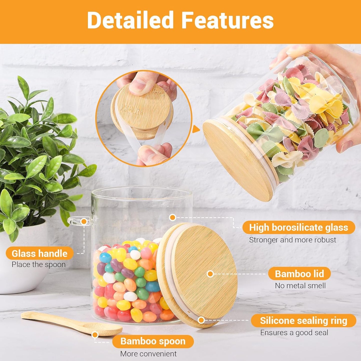 Glass Jars with Bamboo Lids and Spoon - 6 Pack 26 Fl.oz Round Glass Canister with Airtight Lid, Includes Labels and Marker, Flour Sugar Containers Jar for Loose Tea, Cereal, Coffee Bean, Cookie