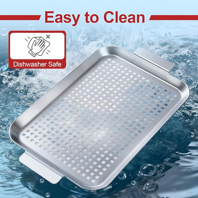 Grill Pan Set of 2, Grill Topper for Outdoor Grill, Stainless Steel Roasting Basket with Handles, Perforated Grill Tray for Smoker Roasting, Oven, BBQ Accessories (Small+Large)