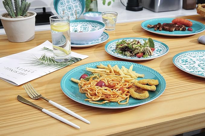 Melamine Dinnerware Set 12-Piece (Service for 4) – Dishwasher Safe, Unbreakable Lightweight Plates & Bowls for Indoor/Outdoor Use – Patio, Kids, Camping