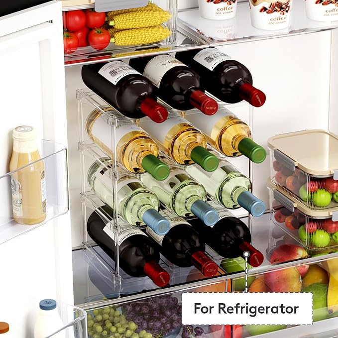 Lifewit Stackable Water Bottle Storage Organizer, Clear Freestanding Wine Bottle Holder for Cabinet, Tumbler Cup Organizer, Plastic Large Compartment Wine Rack for Fridge Cellar, 3Tier Hold 12