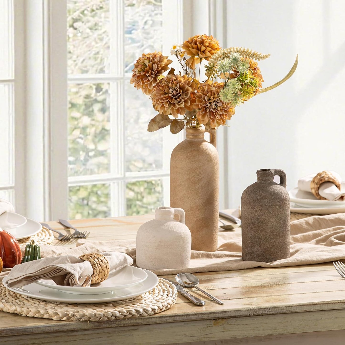 Ceramic Vase Home Table Decor - Flower Vase Set of 3 Living Room Kitchen Decorations Farmhouse Modern Rustic Vases Decorative Centerpiece for Shelf Bedroom Office Bathroom Dining Coffee Desk