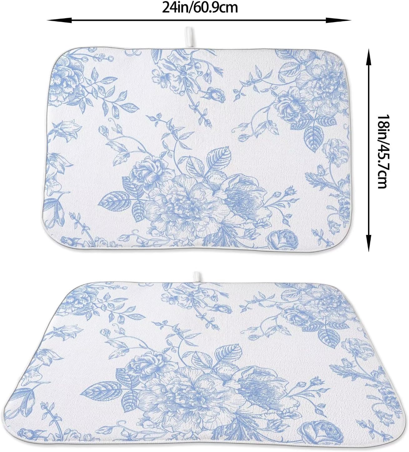 Baby Blue Chinoiserie Floral Dish Drying Mat 18 x 24 inch Vintage Flower Decorative Drying Mats Microfiber Absorbent Dish Washable Draining Mat for Kitchen Counter Decor