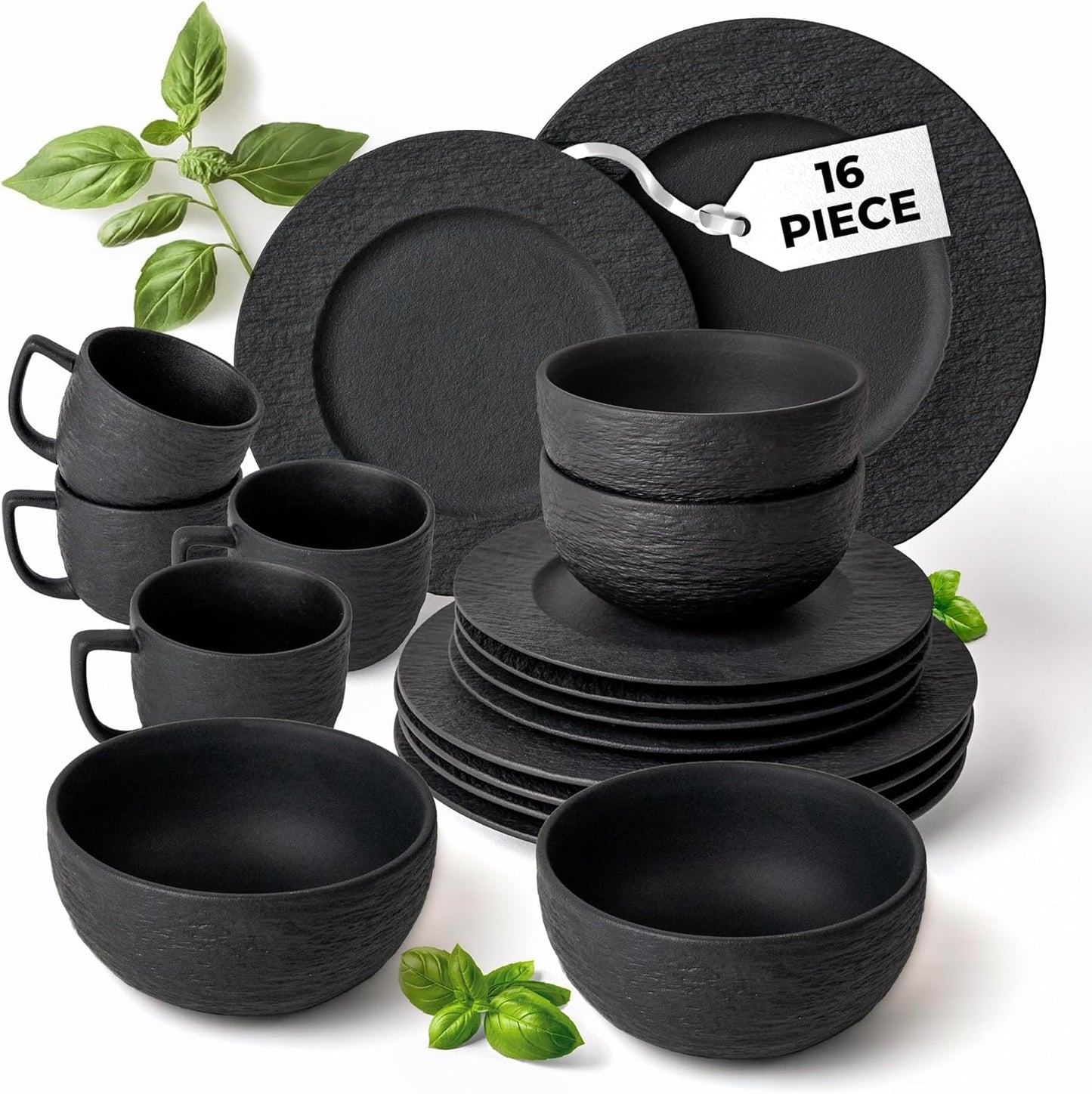 MIAMIO - 16-pc Dinnerware Set Black/Modern Ceramic Tableware/Dinnerware/Set for 4 Persons - Oasis Collection