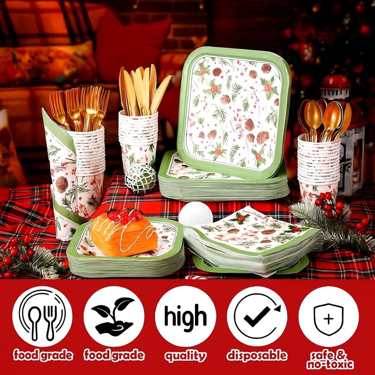 350 Pcs Paper Plates and Napkins Set Disposable Dinnerware Party Supplies Tableware Serve 50 Guest Cups Knife Forks Spoon(Green,Pine Cones)