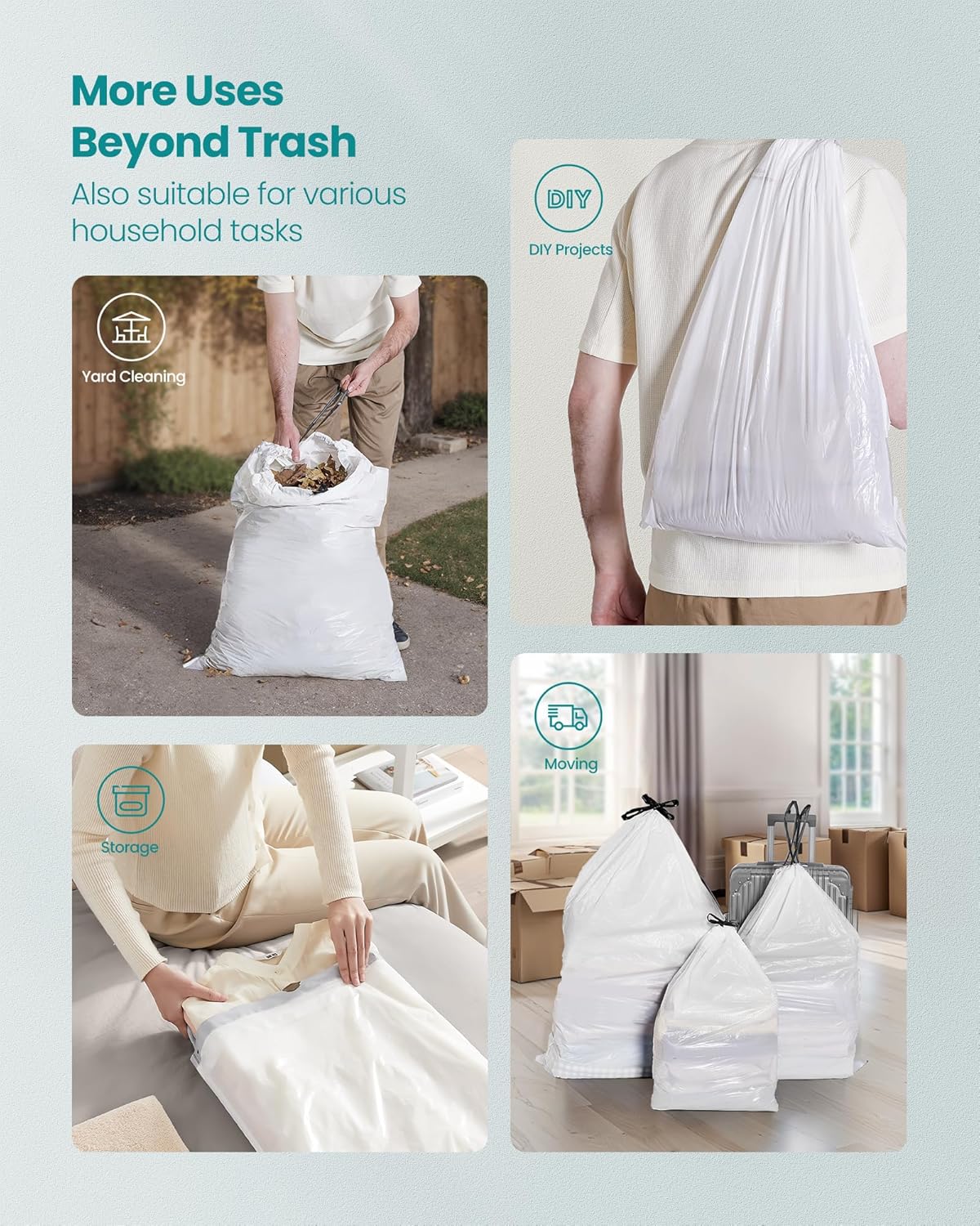 SONGMICS Trash Bags for 13-Gallon (50 L) Trash Cans, Drawstring Kitchen Garbage Bags, Pre-Separated, Quick-Dispense Box, Liner Code K, 2 Rolls, 80 Count, White UKRB051A02