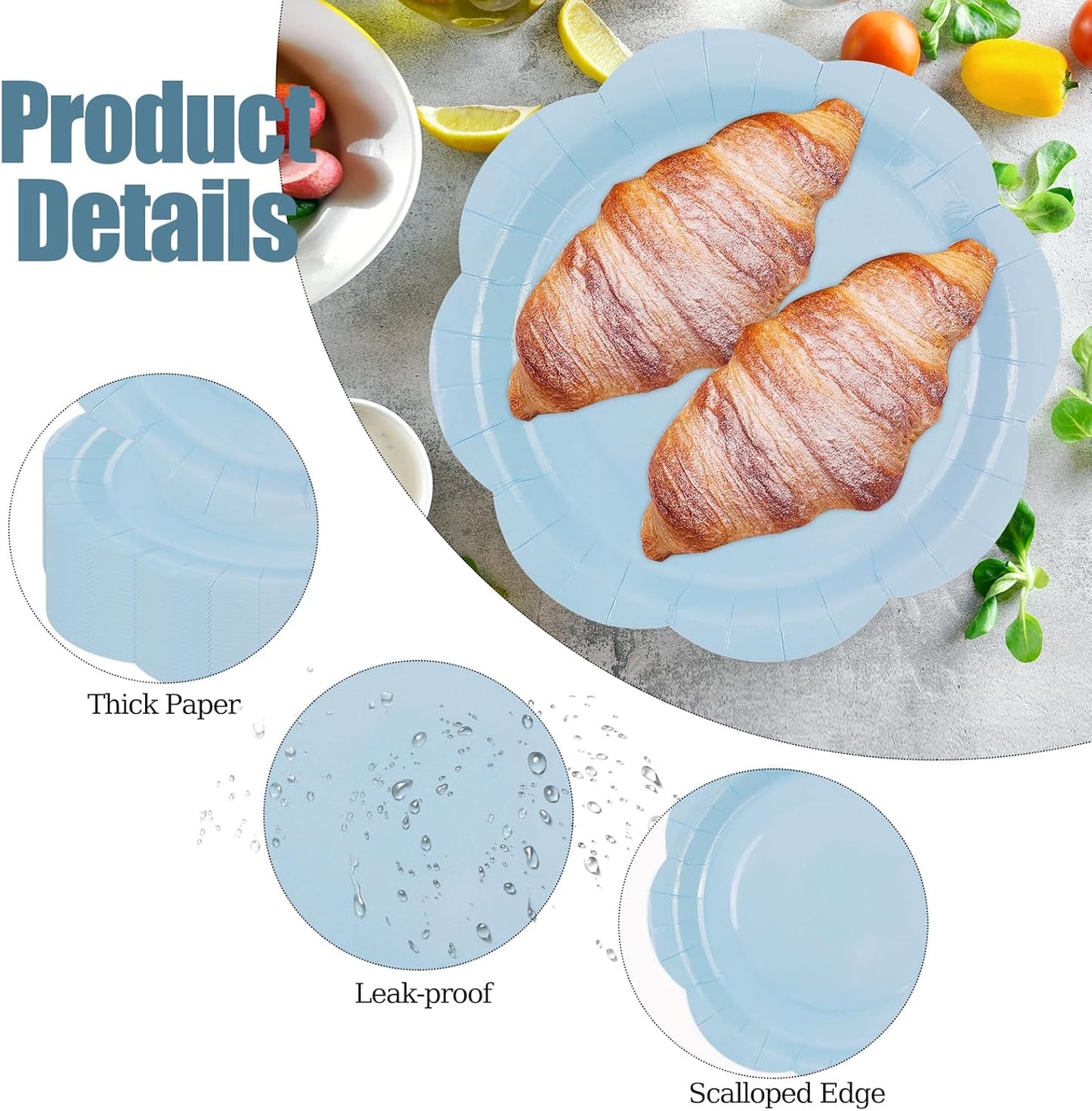 50 Pack Blue Paper Plates 7 Inch, Disposable Scalloped Plates Cake Dessert Plate for Dinner Baby Shower Wedding Bridal Shower Birthday Party Supplies (Blue, 7 inch)