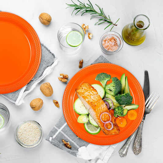 100 pcs Orange Plastic Plates Disposable 7inch Fall Party Dessert Dinner Plates Heavy Duty for Autumn Party,Halloween,Christmas,Thanksgiving day,Wedding, Valentines