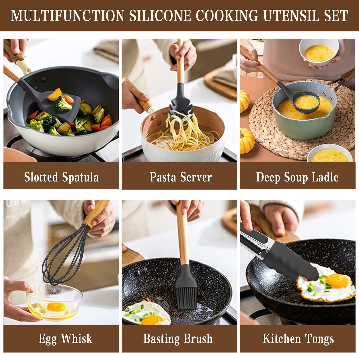 Umite Chef Kitchen Cooking Utensils Set, 33 pcs Non-stick Silicone Utensils Spatula Set with Holder, Wooden Handle Heat Resistant Silicone Kitchen Gadgets Utensil Set (Gray)