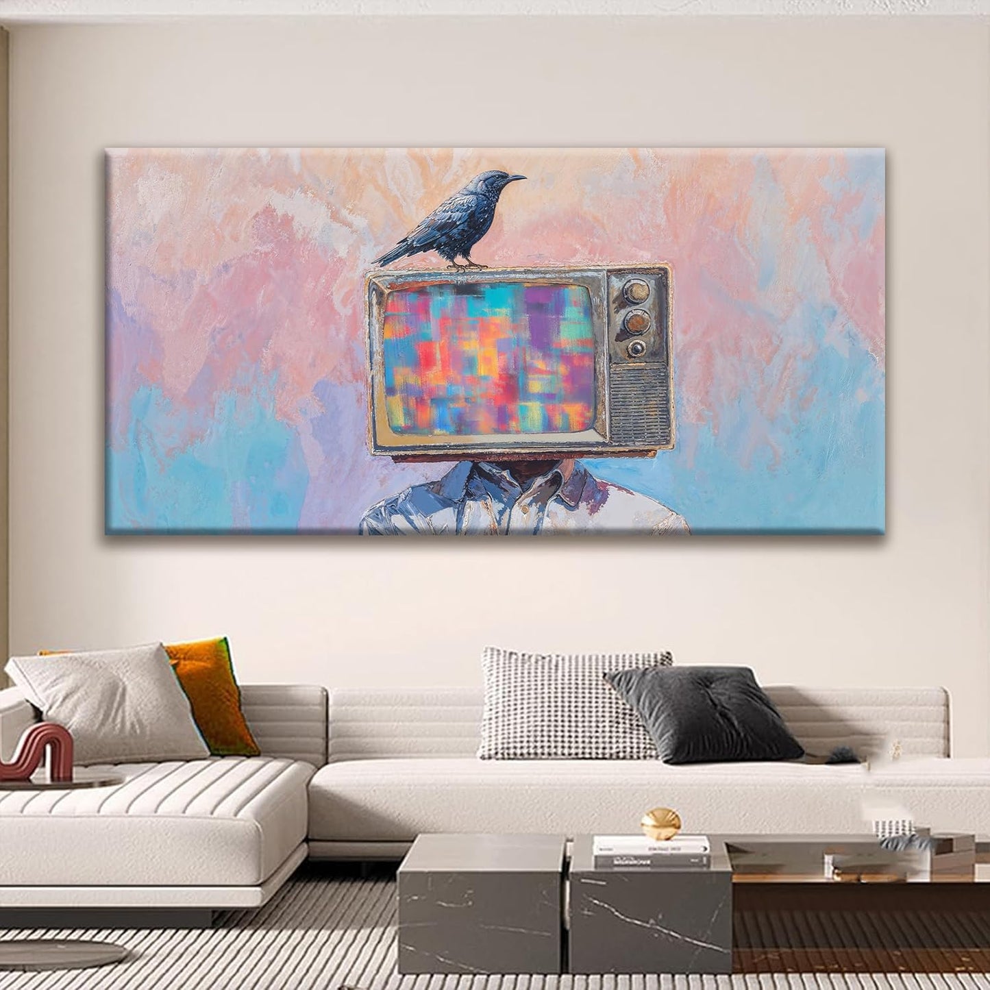 Large Wall Art For Living Room Decor Abstract Crow And Tv Head Art Prints Ready To Hang Room Wall Decor Canvas Wall Art For Office Bedroom Kitchen 29x58 Inch
