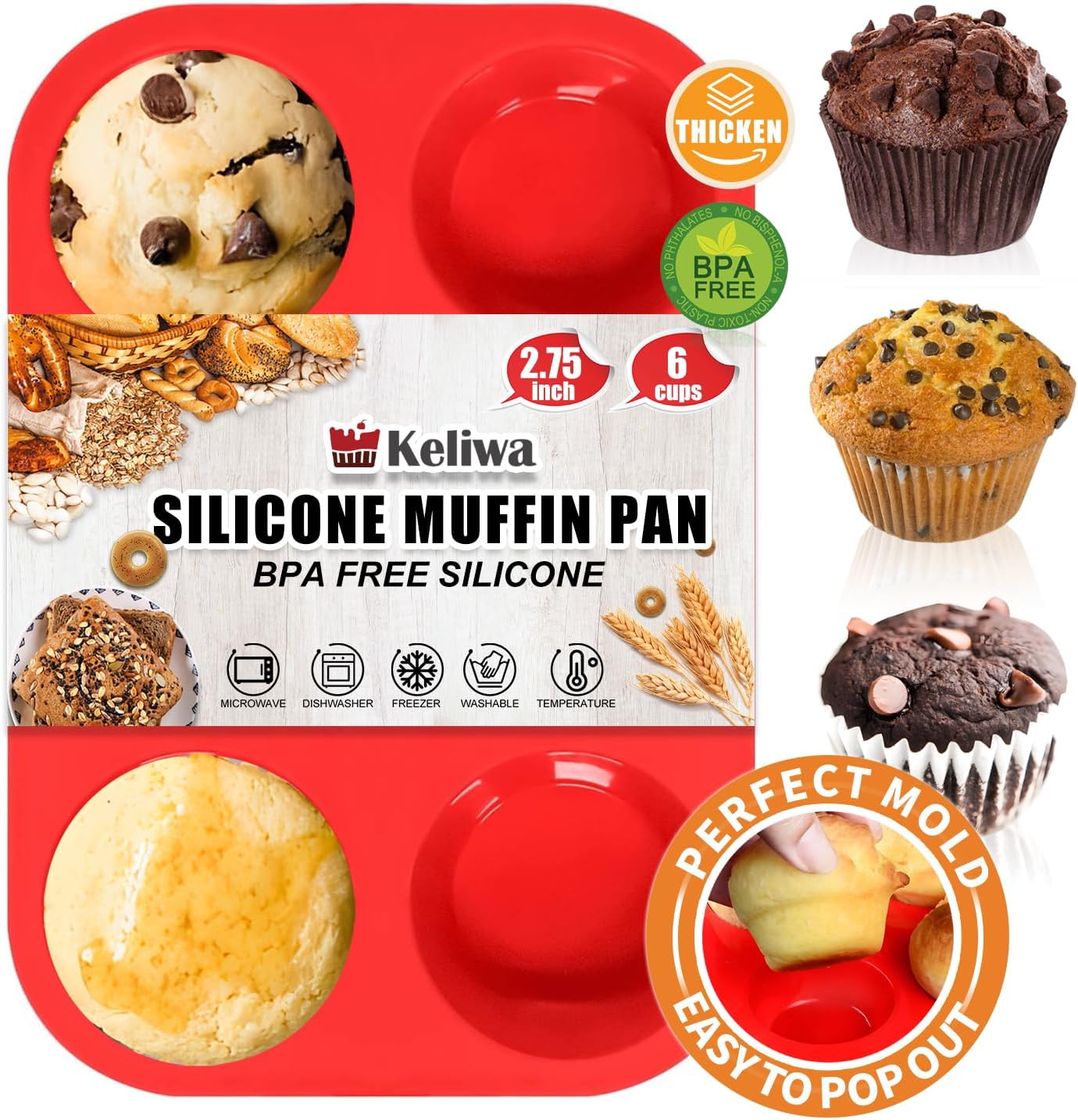 6 Cups Jumbo Muffin Pan,Silicone Cupcake Pan for Baking Food Grade Silicone Non Stick - Upgraded Thickened