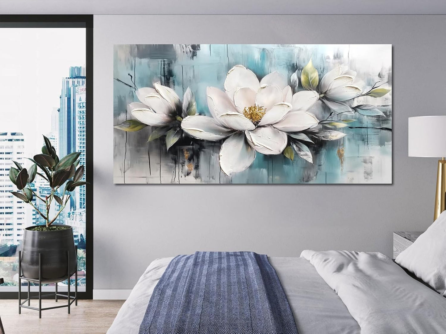 Ardemy Magnolia Wall Art for Living Room, Extra Large White Floral Canvas Wall Art Bedroom Painting Pictures Wall Decor Teal Flower Artwork for Walls Home Office Dining Room, 58"x29"