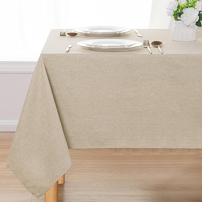 DWCN Faux Linen Tablecloth Rectangle - Beige Tablecloths Fabric Waterproof Spill-Proof Wrinkle and Stain Resistant Decorative Farmhouse Table Cover for Kitchen Dining Party, 60 x 102 Inch