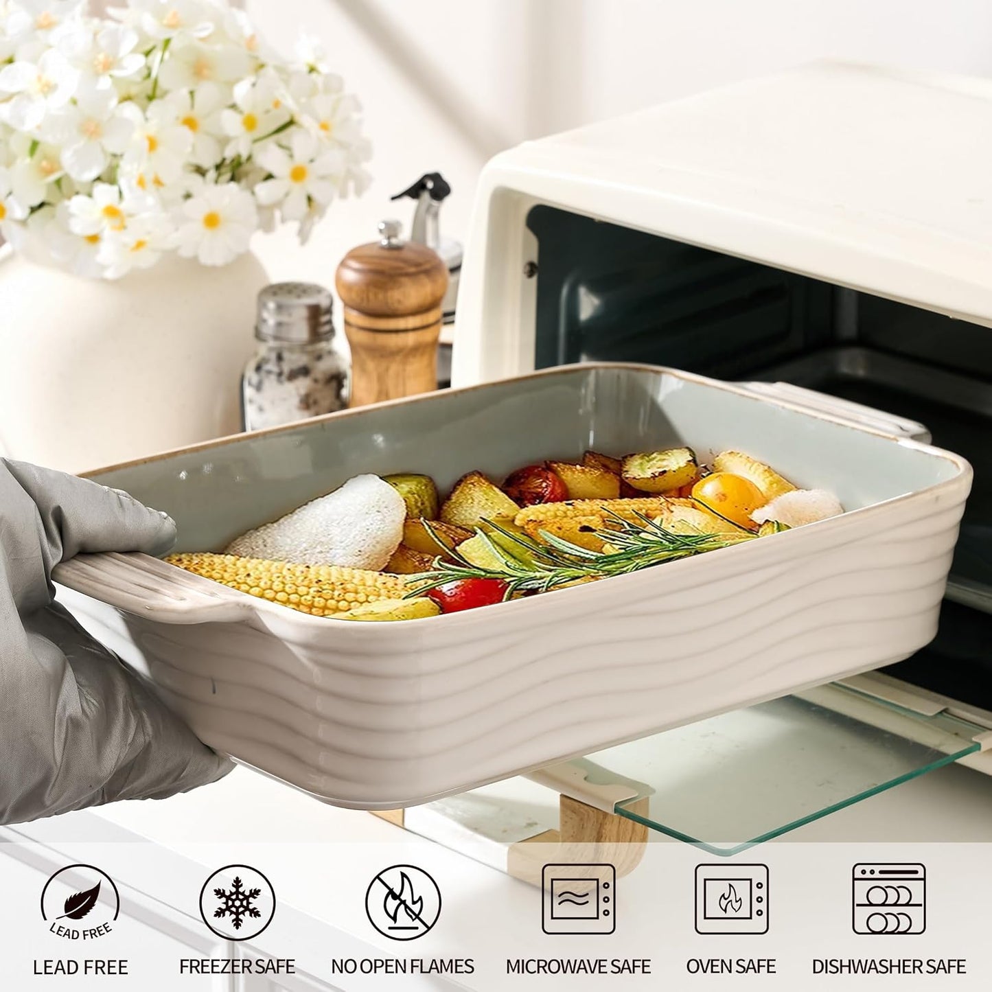 Ceramic Baking Dish Set of 3, Casserole Dishes for Oven, Square Porcelain Bakeware Set with Handles, Lasagna Baking Pan for Cooking, Perfect for Baking and Serving, Housewarming, Halloween, Thanksgiving, Christmas, New Year-White&Green