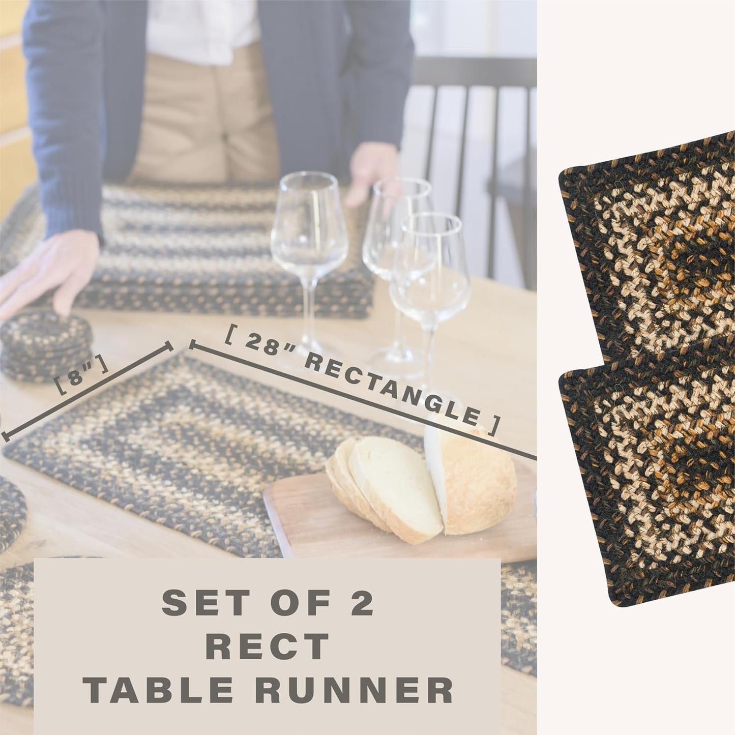 Homespice Kilimanjaro Jute Braided Small Table Runner, Warm Primitive Decor, Set of 2, Black and Brown Rectangle 8x28 - Rich Colors, Easy to Clean, Durable and Protects Furniture